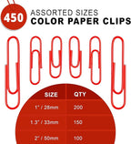 450 Red Color Paper Clips Assorted Sizes Small, Medium and Large Paper Clips for Paperwork Ideal for Home, School and Office Use (Assorted, Red)