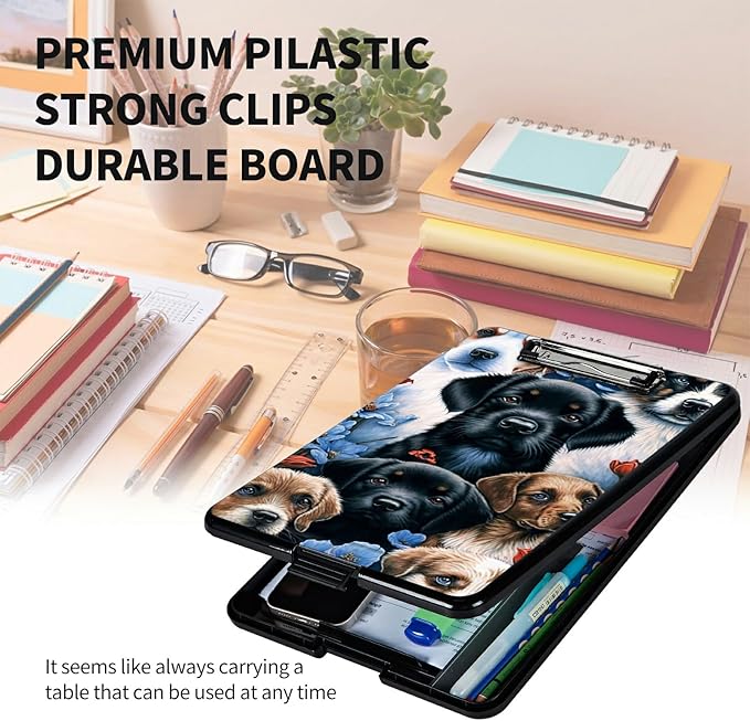 A4 Clipboards,Heavy Duty Waterproof Nursing Plastic Folder Clipboard with Storage Clip Boards,File Folder Storage Box Clipboard Case for Teacher,Doctor,Offices,Lovely Dog