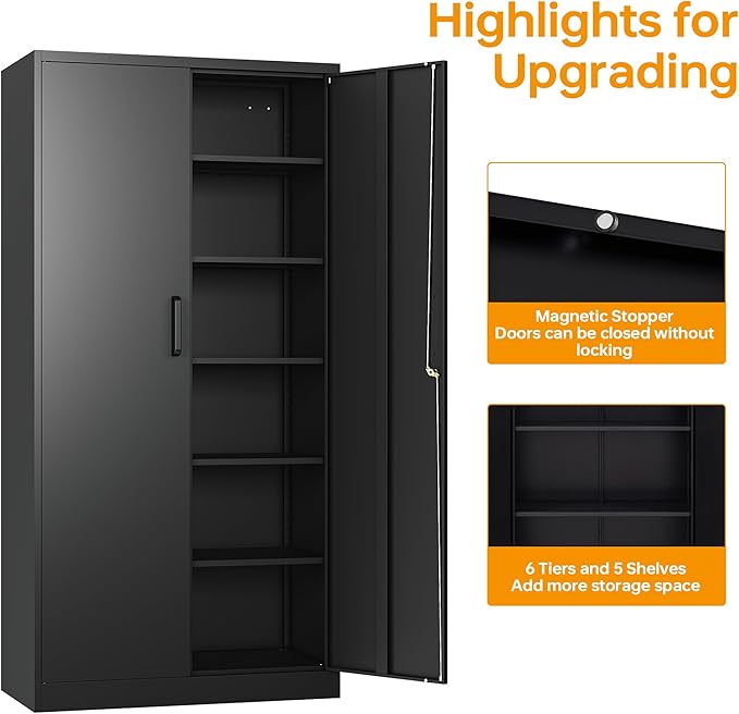 STANI Metal Garage Storage Cabinet with Lock, 71" Steel Lockable File Cabinet, Locking Steel Storage Cabinet with 5 Adjustable Shelves for Home, Office, Warehouse, Garage, School (Black)