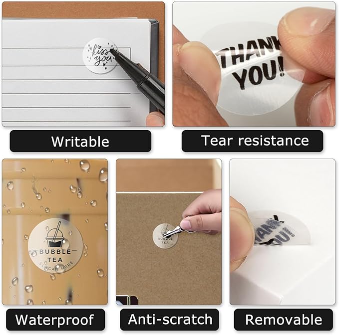 Clear Thermal Labels Vinyl 1 Inch Self-Adhesive Round Stickers Circle Roll Waterproof Printer Decals Package Seal for QR Code Envelope Office Retail Home 500 PCS