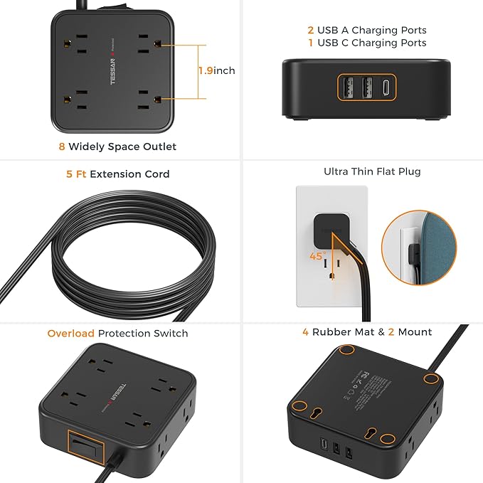 TESSAN Surge Protector Power Strip Black, 5 Ft Flat Plug Extension Cord with 3 USB (1 USB C) 8 Outlets, 900J Surge Protection, 3 Sided Outlet Extender with Power Switch for Office, Dorm Room