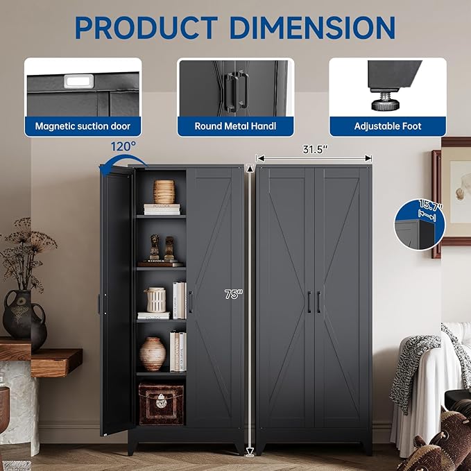 Black Tall Farmhouse Metal Pantry Linen Storage Cabinet and Organizers - Cupboard 75" H x31.5 W x15.7 D Rustic Hutch Cabinet Bookcase with Doors and Adjustable Shelves for Home Office