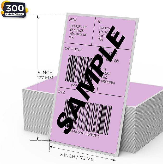 Purple Thermal Labels 3 × 5 Inch Vinyl Self-Adhesive Fanfold Direct Shipping Stickers Waterproof Perforated Printer Decal for Office Warehouse Barcode 300 PCS