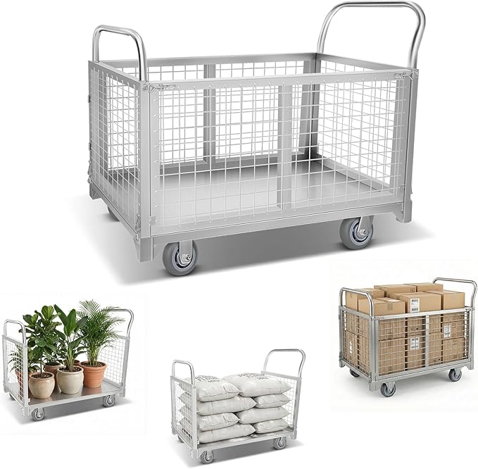 Heavy Duty Push Cart with Wheels 2200 LBS Capacity - Large Metal Grocery Cart with Enclosed Cage, 40x24 Flatbed Wagon for Commercial Laundry, Apartment, and Outdoor Gardening