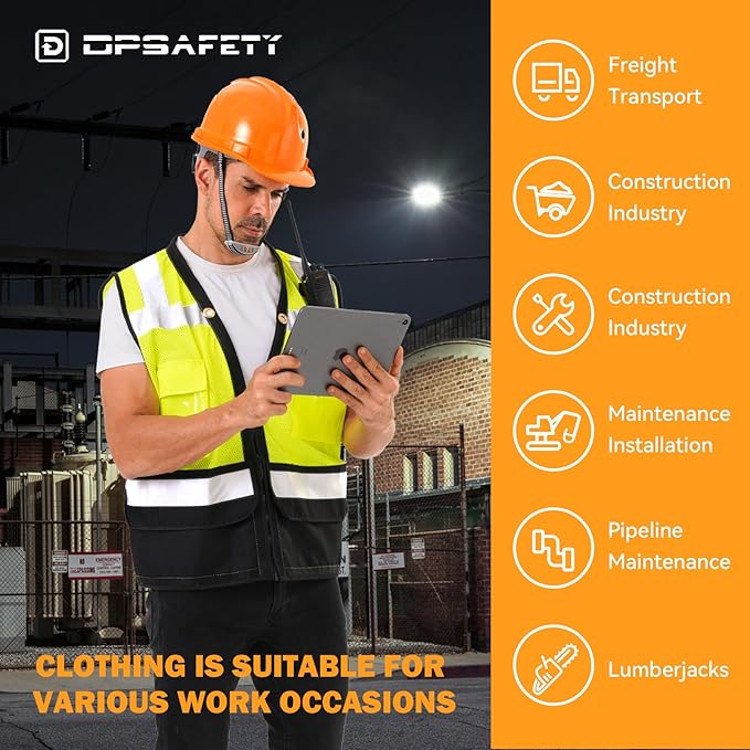 Reflective Safety vest With back plan pocket,High visibility Class 2 Heavy Duty Surveyor Vest with Zipper,Hi Vis Construction Work Vest for Men＆Women ANSI/ISEA(Yellow-Bottom,5XL)
