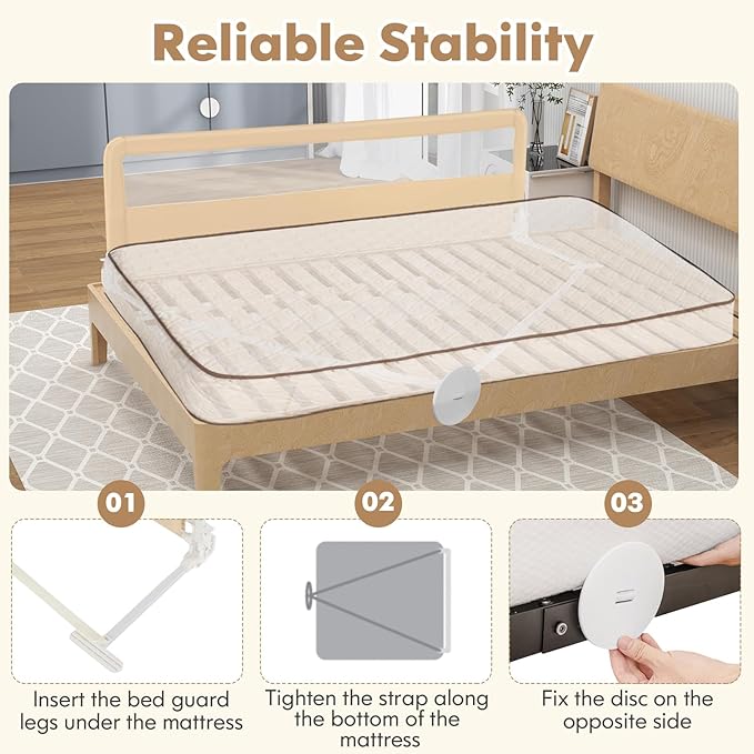 BABY JOY Bed Rails for Toddlers, 71'' Extra Long, Upgraded Swing Down Bed Guard w/Safety Strap, Folding Baby Bedrail for Kids Twin, Double, Full Size Queen & King Mattress (71-Inch, Beige)
