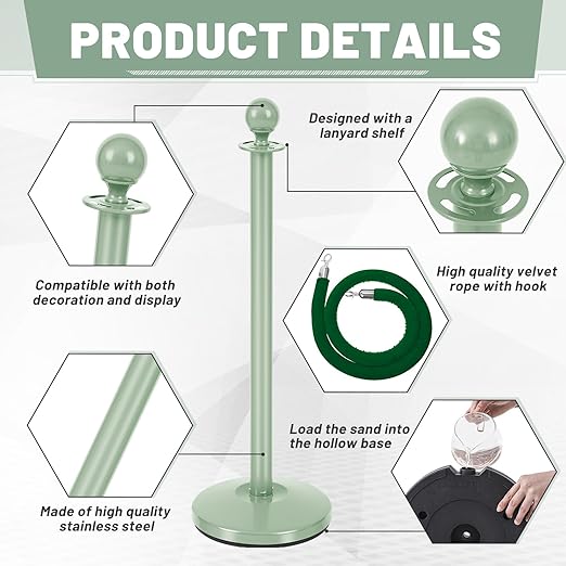 Ferraycle 4 Pcs Stainless Steel Stanchions Post Queue 38 Inch, 5 ft Velvet Rope Carpet Ropes and Pole, Control Barriers for Wedding Birthday Party Decoration Sand Injection Hollow Base Set (Green)