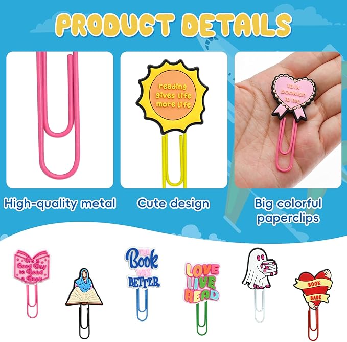 30 PCS Bookish Paper Clips Metal Paperclip Large Size Paper Clip Cute Bookmark Colorful Office Supplies Bookmark Clamp Desk Accessories Stationery for School Gifts for Christian