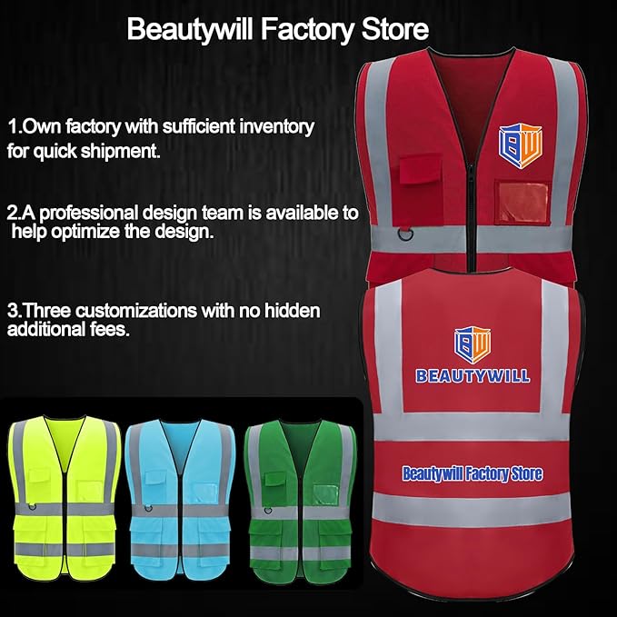BeautyWill 10/20 Pack Custom Logo Safety Vest,Bulk High Visibility Class 2 Reflective Work Vests