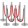 Silver Stanchion Post for Red Carpet, 6 Pack Stanchions and 4pcs Red Velvet Ropes, Fillable Plastic Base can Fill with Sand/Water, Queue Barrier Line Divider for Airport,Parties,Events,Clubs