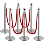 Silver Stanchion Post for Red Carpet, 6 Pack Stanchions and 4pcs Red Velvet Ropes, Fillable Plastic Base can Fill with Sand/Water, Queue Barrier Line Divider for Airport,Parties,Events,Clubs