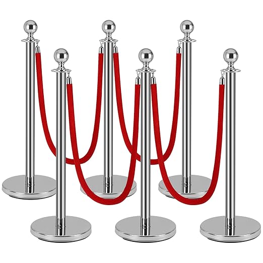 Silver Stanchion Post for Red Carpet, 6 Pack Stanchions and 4pcs Red Velvet Ropes, Fillable Plastic Base can Fill with Sand/Water, Queue Barrier Line Divider for Airport,Parties,Events,Clubs