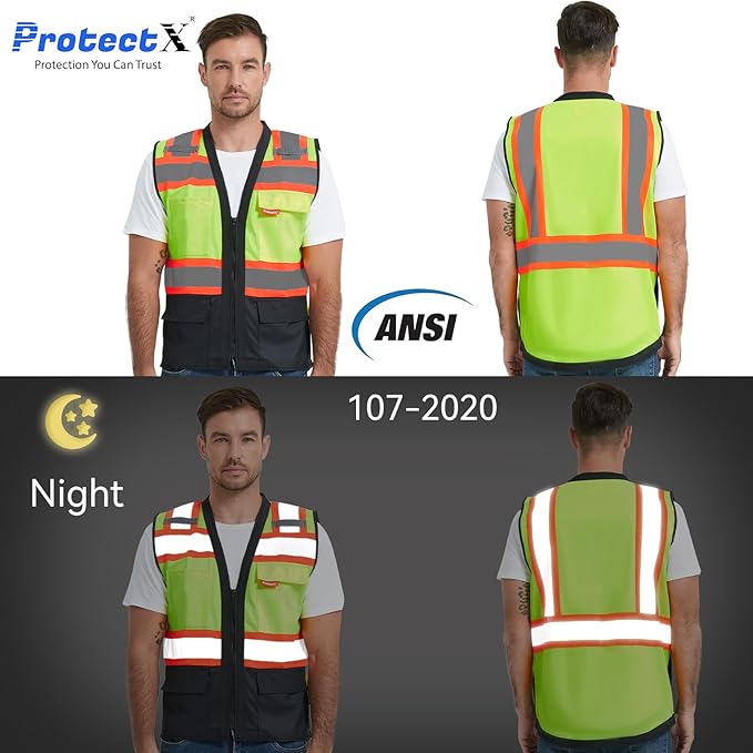 ProtectX 6 Pockets High Visibility Safety Vest for Men Women Class 2 Reflective Hi Vis Work Construction Vest