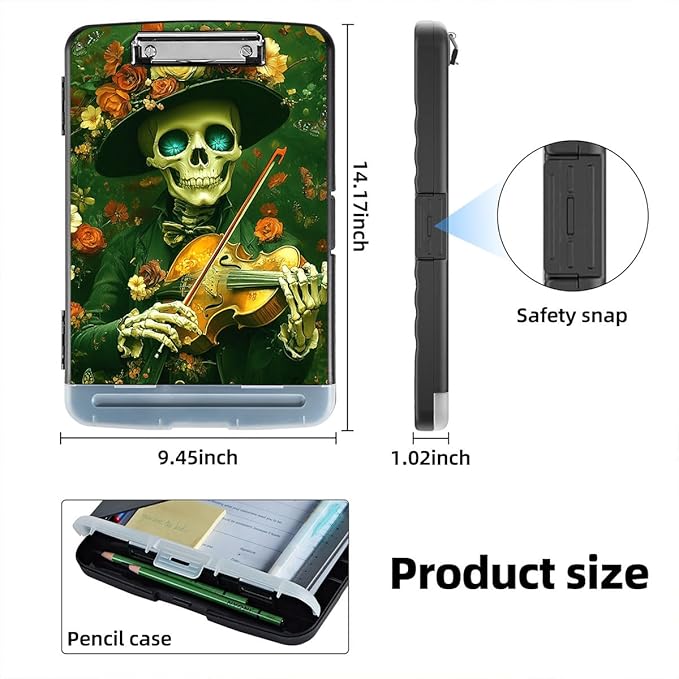 Clipboard with Storage Box & Pen Holder,Heavy Duty Clip Boards 8.5x11 for Nursing,High Capacity,School & Office Supplies,Skull Violinist