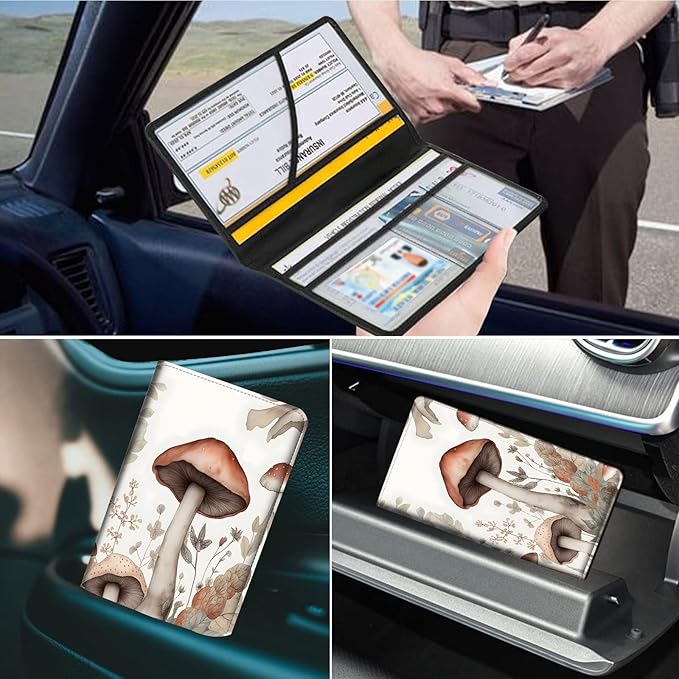 Car Registration and Insurance Holder, Leather Car Glove Box Organizer, Cool Car Accessories for ID, Driver's License Cards & Essential Document,business cards,Men&Women,Mushroom Flower