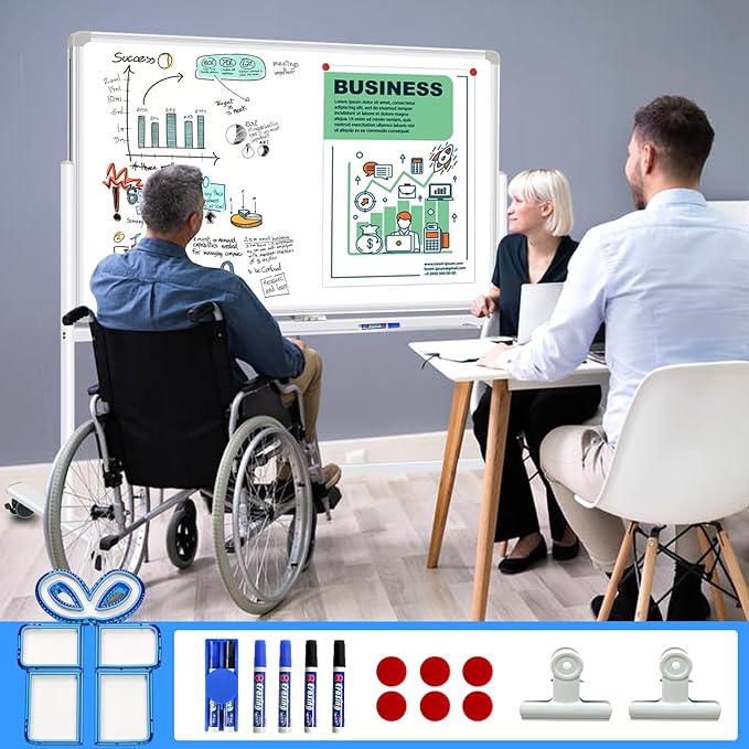 Dry Erase Board with Stand - 48x36 Inches Double-Sided Mobile Whiteboard with Stand, Large White Board on Wheels for Meeting, Training, Rolling Magnetic Whiteboard for Home Office Classroom School