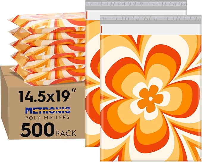 Metronic Poly Mailers 14.5x19 Inch Shipping Bags for Clothes,Self Adhesive Shipping Envelopes for Small Business,Waterproof Mailers Poly Bags for Shipping,Packaging Mailing Bags Orange Flower 500pc