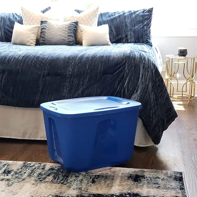 HOMZ 8-Pack Durable Molded Bin, Plastic Storage Containers with Lids, 18 Gallon, Blue - Stackable Organizer Totes and Boxes for Bedroom, Kitchen, and Garage Organization