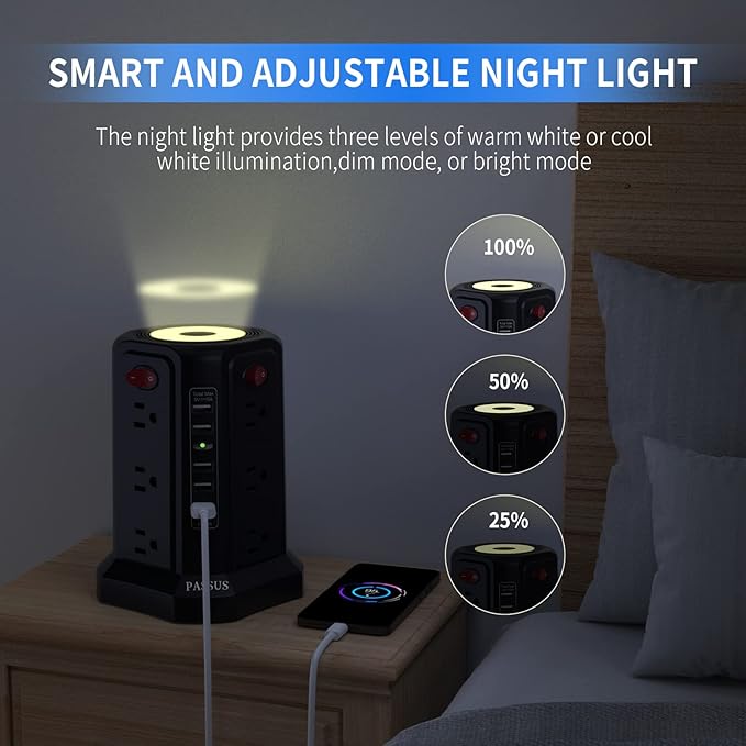 Surge Protector Power Strip Tower with 5 USB Ports and Night Light, 10FT Extension Cord with 12 AC Multiple Outlets, PASSUS Power Tower, Overload Protection for Home Office Dorm Room (Black)