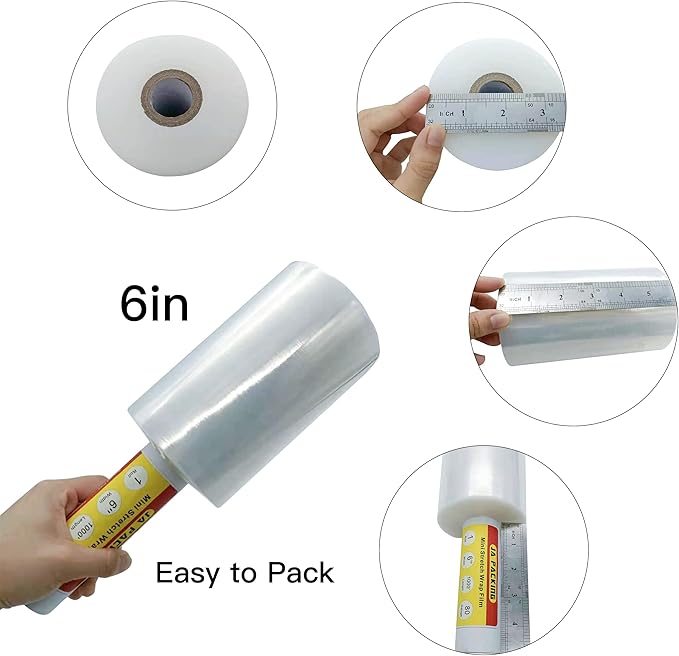 Stretch Wrap Clear Plastic Wrap Roll 6 inch X 1000Ft 80 Guage Industrial Mini Stretch Wrap Film with Handle for Moving,Shipping,Packing Fuiniture Adhering Shrink Film