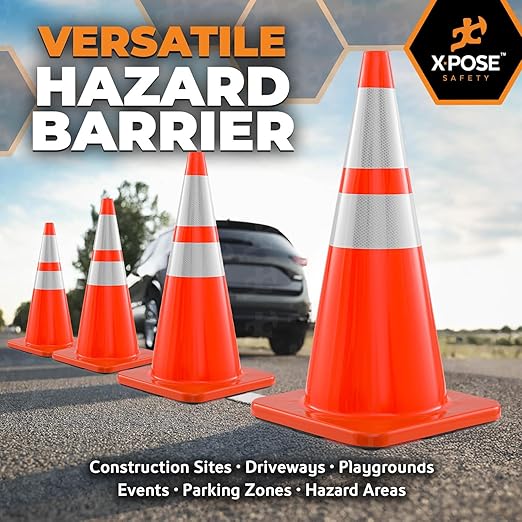 Xpose Safety 28 Inch Orange Traffic Cones with 6" & 4" Collars, 8-Pack - Multipurpose PVC Plastic Safety Cone for Parking, Soccer, Caution, Kids and Construction - DOT Approved