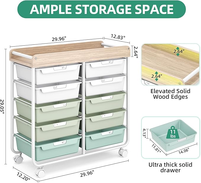 10 Drawers Rolling Cart with Wooden Tabletop, Utility Storage Cart with Wheels, Art Supply Craft Organizer on Wheel with Metal Frame & Handles for Home Office School,Green