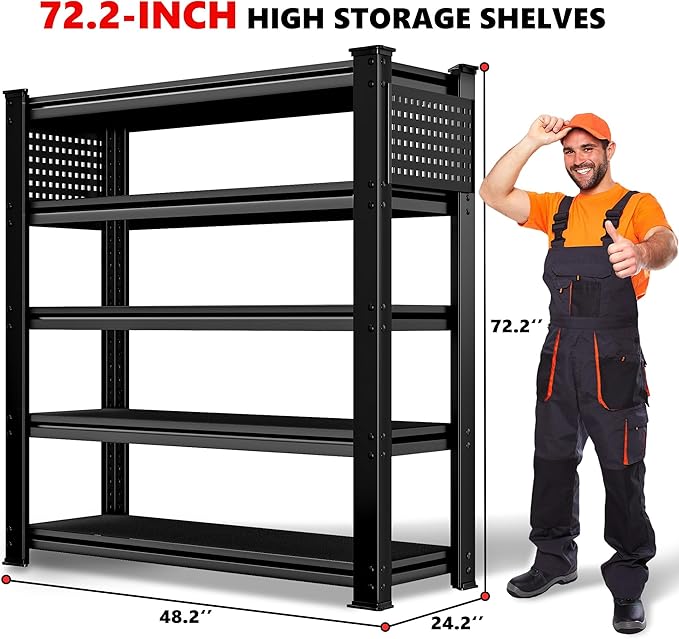 SILVEL 48.2" W Garage Shelving, 5000LBS Heavy Duty Metal Shelving, 2025 Solid Storage Shelves with 2 Side Pegboards, Industrial 5 Tier Shelves for Basement Pantry Warehouse Supermarket, 8 Pack