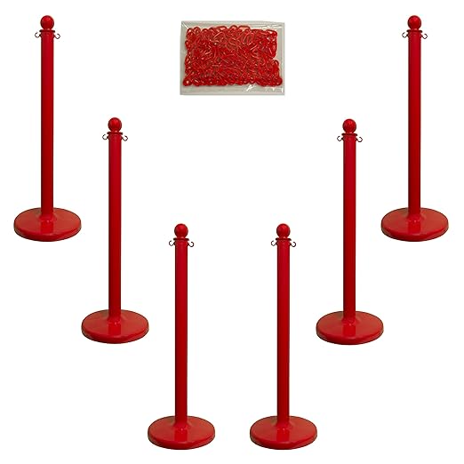 Mr. Chain Plastic Stanchion Kit with 50 Feet of 2.5 inches Dia. Link Chain and C-Hooks, Red, Pack of 6 (71105-6)