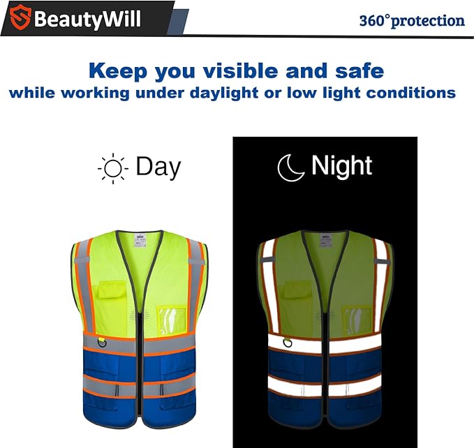 BeautyWill Custom Safety Vest Customized Logo Mesh Vest Class2 High Visibility Reflective Vest with Pockets Blue workwear（Yellow Blue，S ）