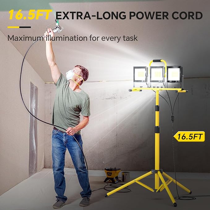 LED Work Lights with Stand: 3 Head Adjustable Work Light with Individual Switch, IP66 Waterproof Foldable Outdoor Tripod Light for Job Site Construction Lighting, Tool Gifts for Men
