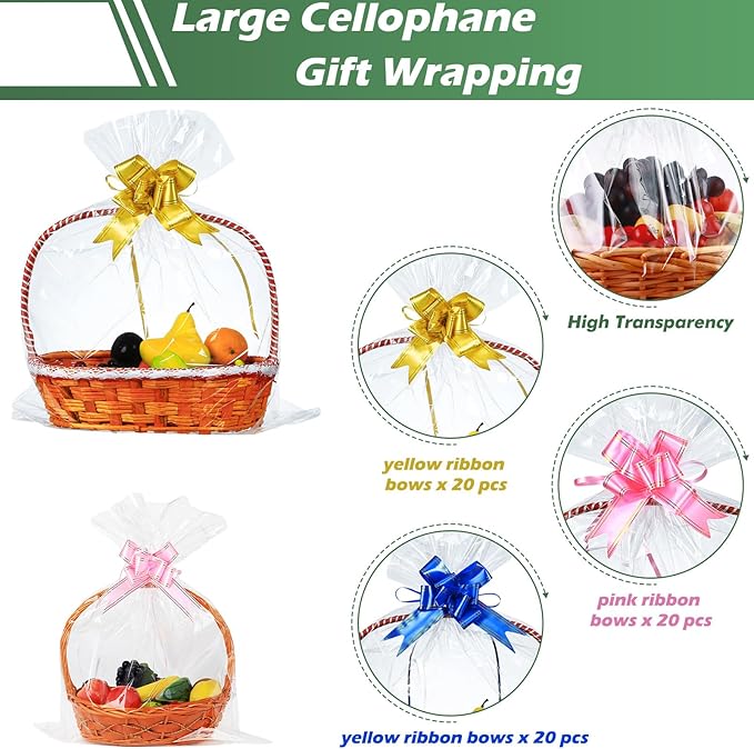 60 Packs Large Clear Cellophane Bags 14x20 18x24 24x30 Inches Jumbo Gift Basket Wraps Extra-large Transparent Plastic Bags for Fruit Basket, Gift Wrap, Treats, Arts and Crafts, 60 pcs Pull Ribbon Bow Ties