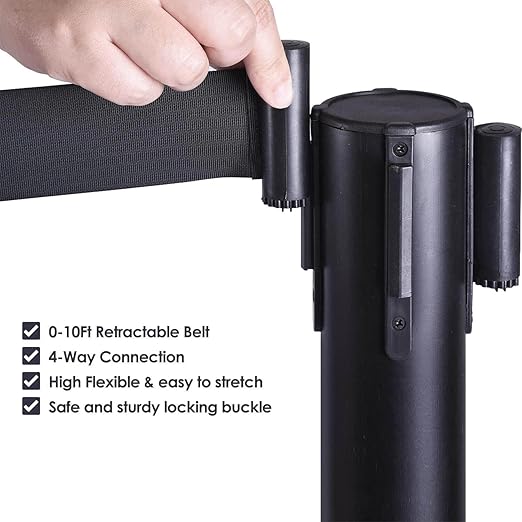 10 ft Crowd Control Stanchion Set, Crowd Control Barrier, Stanchions with Retractable Belts & Water Filled Base, Retractable Stanchions, Queue Management Stanchion (6 Pack) (Black)