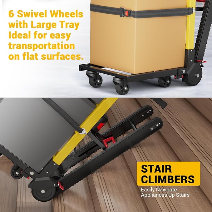 Electric Stair Climbing Dolly, 400lb Max Load Heavy Duty, Powered Stair Climber Dolly Cart with 6 Wheels Motor Powered for Furniture Logistics Warehouse, Black & Yellow, 130W