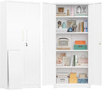 Greenvelly Metal Storage Cabinet, 63" H Locking Metal Storage Cabinet with Doors and 4 Shelves, Lockable Steel Cabinets for Kitchen, Bedroom, Living Room, Office (White)