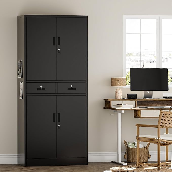 Metal Storage Cabinet，71" Garage Storage Cabinet with 2 Locking Drawer and 2 Adjustable Shelves ，Black Tool Cabinet，Lockable File Steel Cabinet for Home, Office, Gym, School.