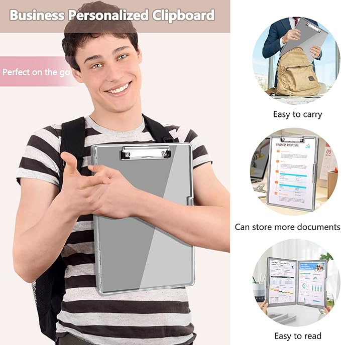 Clipboard with Storage,Heavy Duty Clip Boards 8.5x11 with 2 Storage Case,Clear Visible Top Panel Storage Clipboards,Side Opening Clip Boards,Nursing Clipboard Folder Case for Office Supplies-Gray