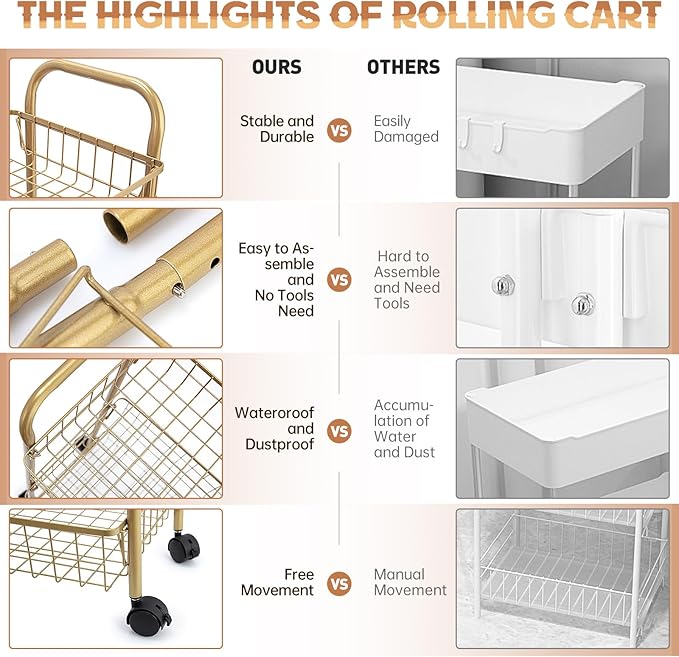 3 Tier Mesh Rolling Utility Cart, Gold Metal Organization Cart with Lockable Wheels, Multifunctional Storage Trolley Service Cart for Kitchen Living Room Office Salon