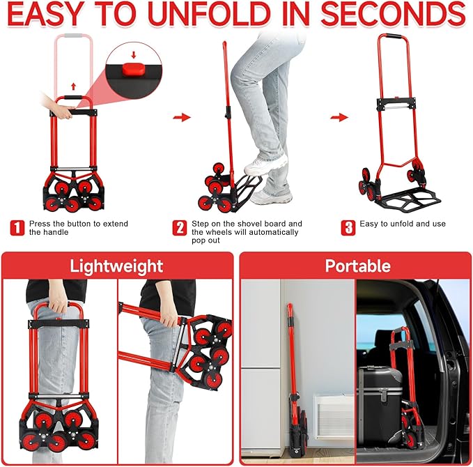 Foldable 6-Wheel Stair Climbing Dolly - 180Lbs Capacity, Telescopic Handle & Bungee Cord - Portable Hand Truck for Stairs, Moving & Deliveries