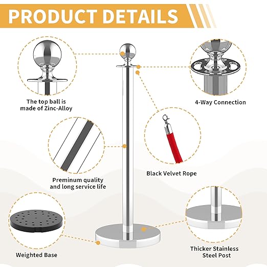 12Pcs Stainless Steel Stanchion Posts with 5ft Red Velvet Ropes - Crowd Control Barriers & Queue Line Kit with 26ft Red Carpet for Wedding, Party, Theater Supplies