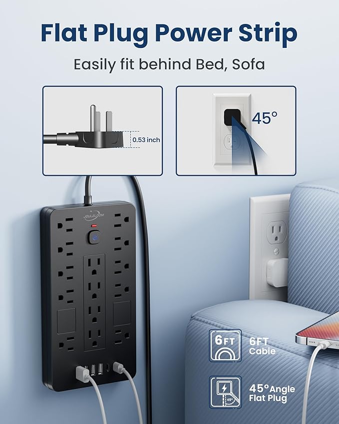 Surge Protector Power Strip-14 Outlets and 6 USB Ports, 6 Feet Flat Plug Extension Cord, 1850 Joules, Black, ETL Listed for Home, Office, Dorm Room