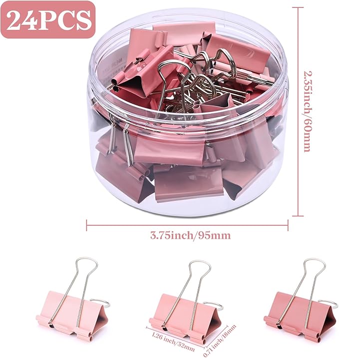 Temiary Aesthetic Binder Clips, 24 Pcs 1.26 Inches Small Metal Binder Clip with Clear Storage Container, Binding Paperwork Clamps for School Teachers Office Supplies (Pink)