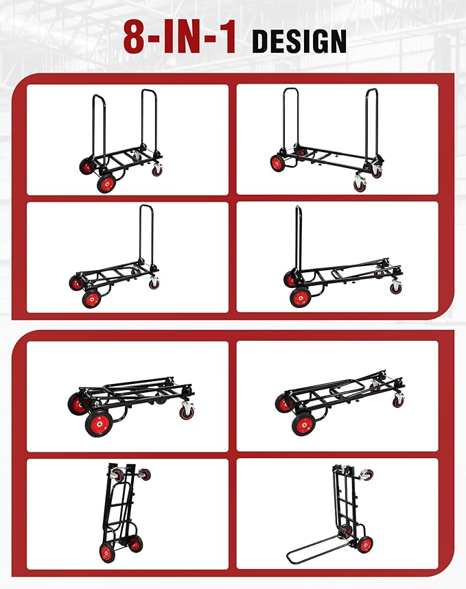 RedSwing Folding Multi-Utility Dolly Cart, Heavy Duty 8-in-1 Convertible Cart Adjustable Hand Truck/Platform Cart with R-Trac Wheels, 38" to 48" Telescoping Frame, 330lbs Load Capacity