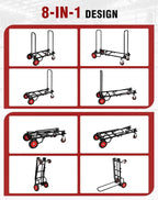 RedSwing Folding Multi-Utility Dolly Cart, Heavy Duty 8-in-1 Convertible Cart Adjustable Hand Truck/Platform Cart with R-Trac Wheels, 38" to 48" Telescoping Frame, 330lbs Load Capacity