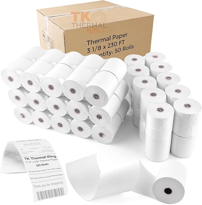 (50 Rolls) 3 1/8" x 230' Thermal Paper, POS Receipt Paper for Retail Business Cash Register, Fits Most Credit Card Terminal Point Of Sale