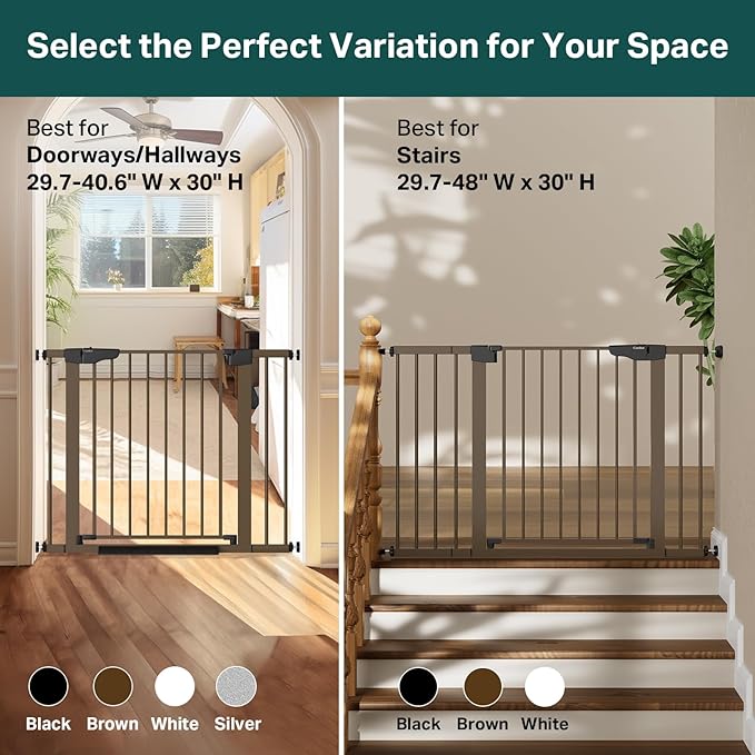 Cumbor 29.7-40.6" Baby Gate for Stairs, Mom's Choice Awards Winner-Dog Gate for Doorways, Pressure Mounted Auto-Close Pet Gates for Dogs Indoor, Safety Child Gate with Easy Walk Thru Door, Brown