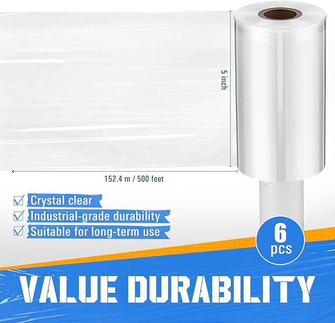 Frienda 6 Pcs 5 Inch Plastic Stretch Wrap Film Roll 500ft Clear Mini Moving Plastic Wrap Roll with Handle 80 Gauge Shrink Wraps Industrial Strength Shrink Film for Moving, Packing, Self Adhering