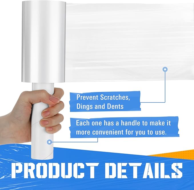 Frienda 6 Pcs 5 Inch Plastic Stretch Wrap Film Roll 500ft Clear Mini Moving Plastic Wrap Roll with Handle 80 Gauge Shrink Wraps Industrial Strength Shrink Film for Moving, Packing, Self Adhering