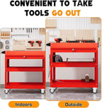 3 Tier Tool Cart on Wheels with Drawers - Three Tier Rolling Cart with Lockable Storage - Mechanic Tool Chest - Tool Chest with Wheels Used in Garage, Indoors, Workshop (Red)