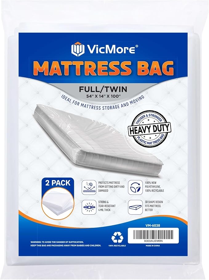 VICMORE Heavy Duty Mattress Bags 2-Pack - 4 Mil Plastic Covers for Moving & Storage, Waterproof, Tear-Resistant Protector Fits Twin XL/Full XL Mattress & Box Spring (Odorless, Recyclable)