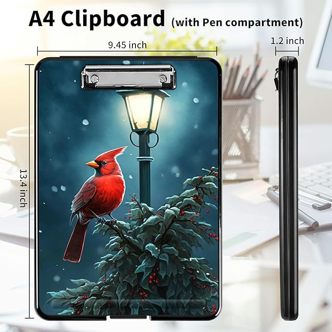 A4 Clipboards,Heavy Duty Waterproof Nursing Plastic Folder Clipboard with Storage Clip Boards,File Folder Storage Box Clipboard Case for Teacher,Doctor,Offices,Northern Cardinal Bird